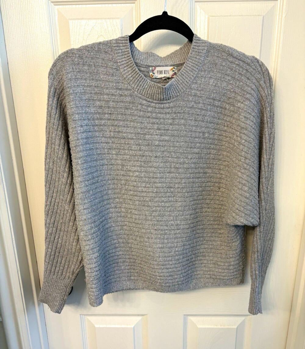 Pink Rose Gray Rib-Knit Crew Neck Relaxed Pullover Sweater Long Sleeve S